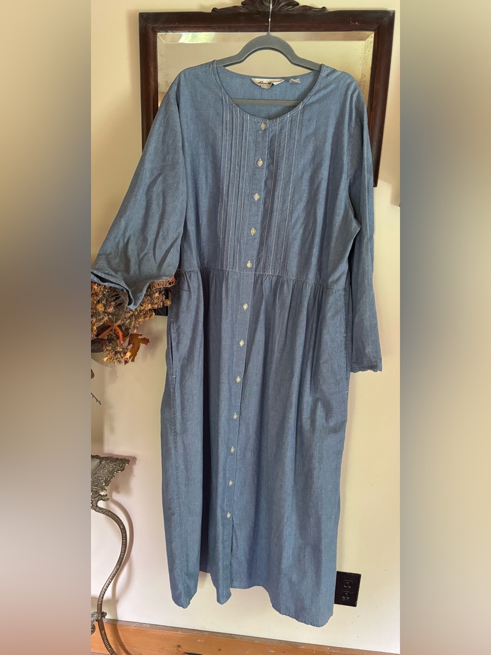 Vtg Eddie Bauer Maxi Dress Chambray Button Down Pockets Cottagecore Sz XXL TALL